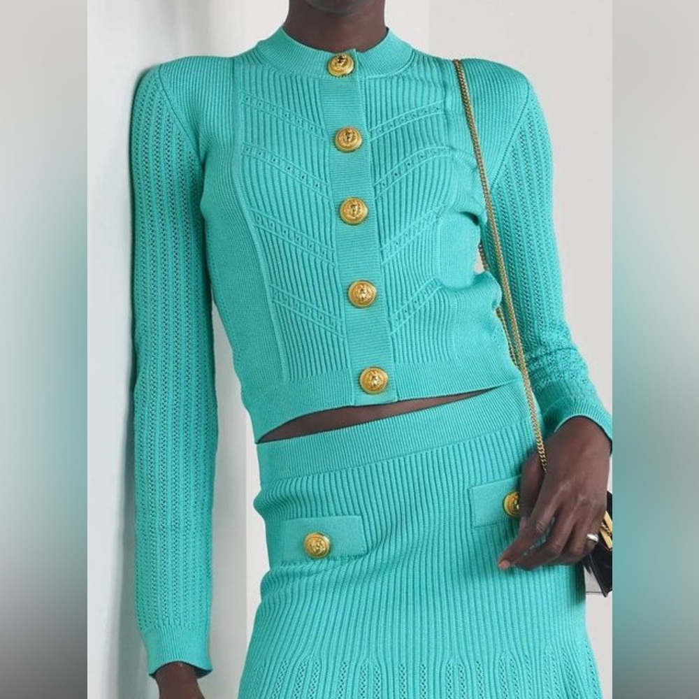 Balmain Aqua Knit Cardigan with Gold Accents. Never been worn!